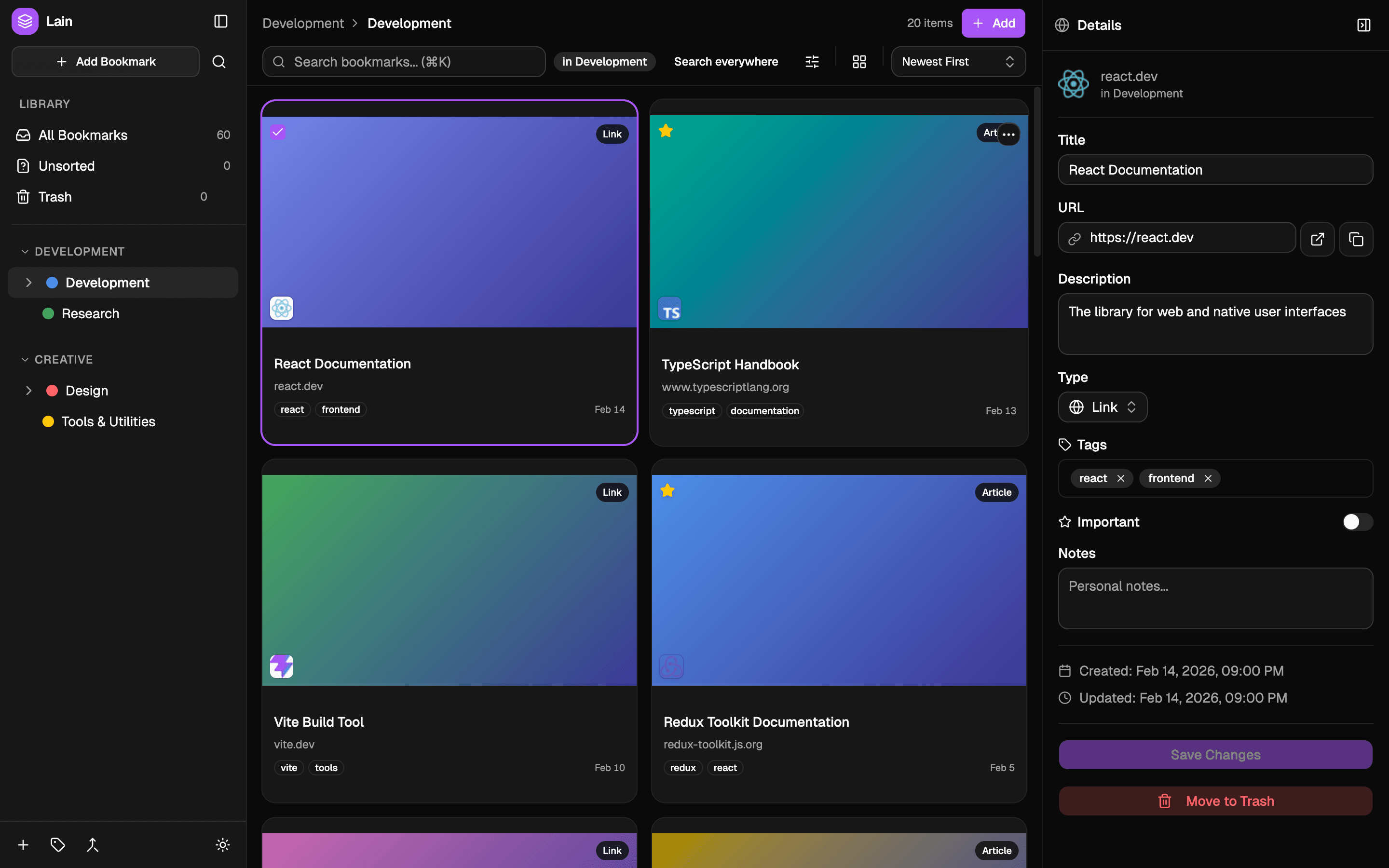 Lain in dark mode showing the grid view