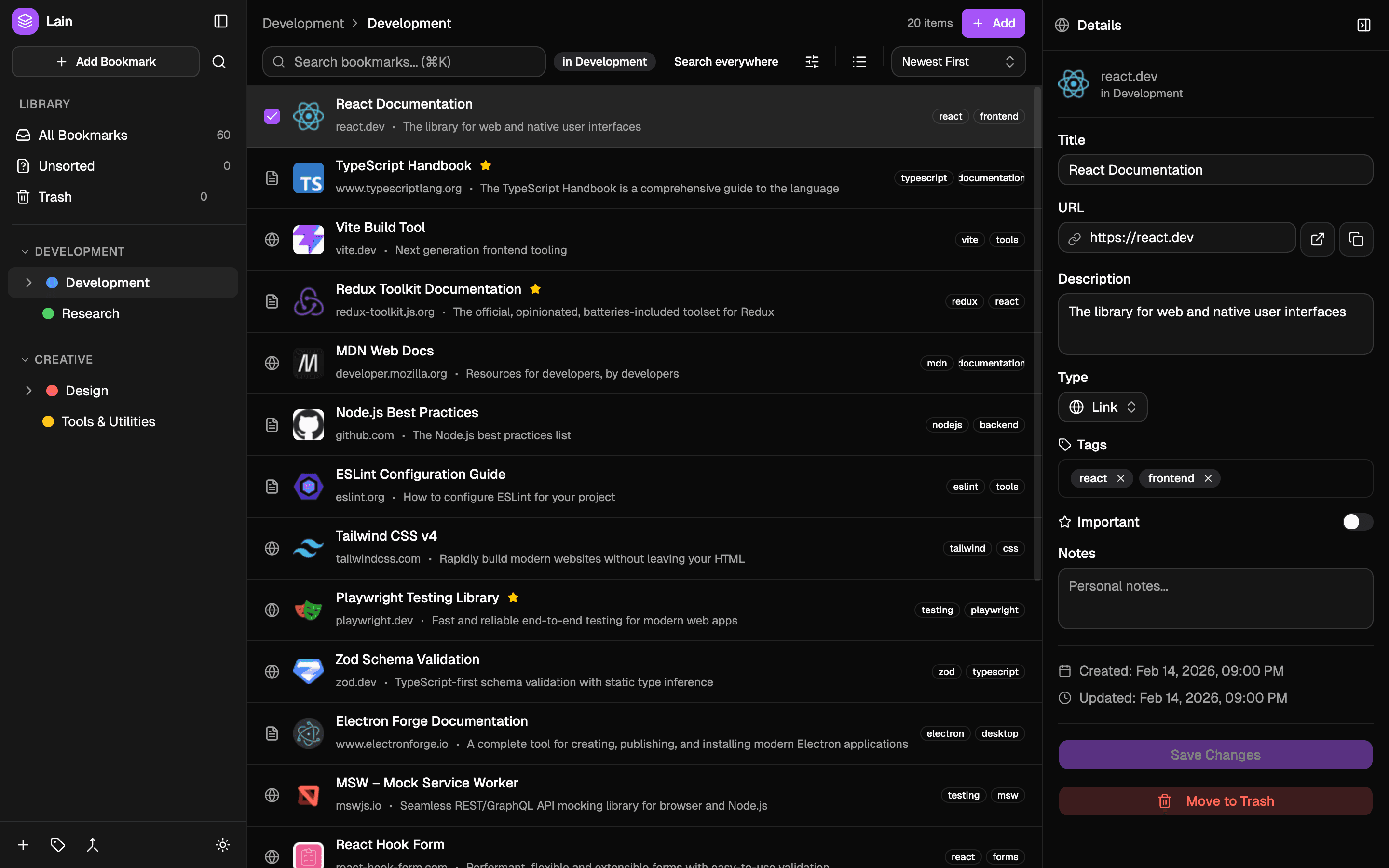 Lain showing the Development collection in list view with the detail panel open